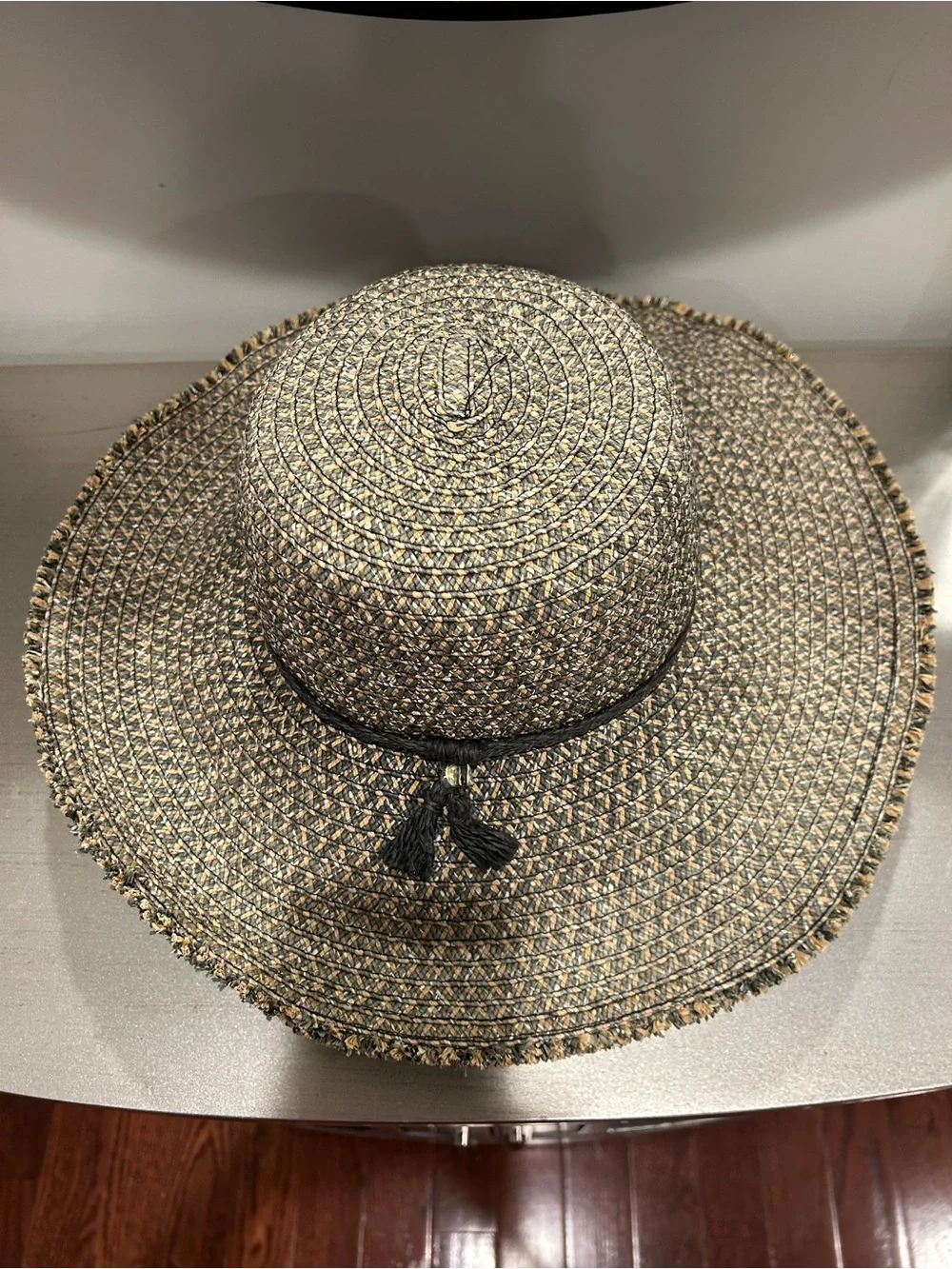 Wide Brim Woven Sun Hat with Tassel Band - Black/Beige